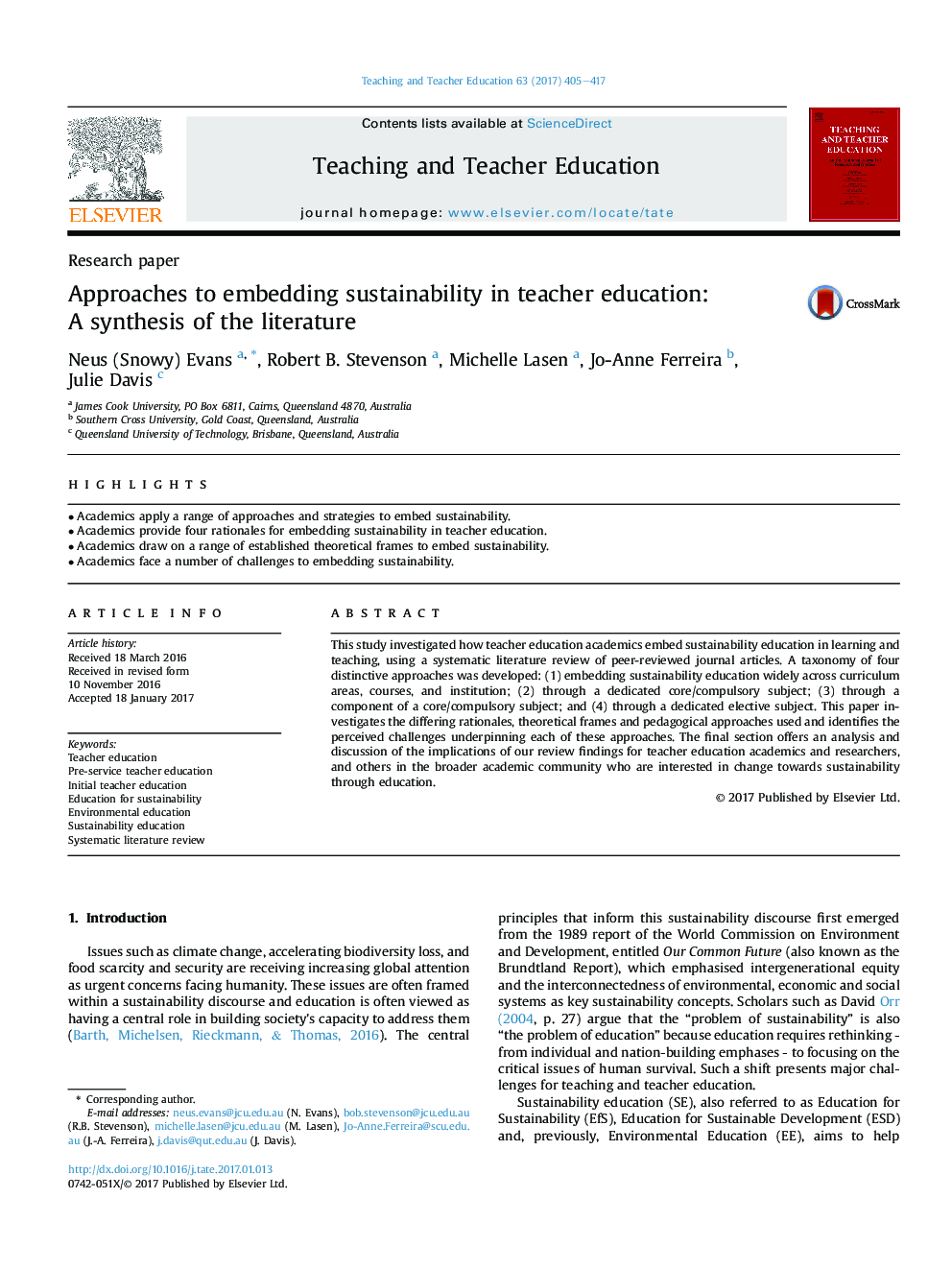 Approaches to embedding sustainability in teacher education: AÂ synthesis of the literature