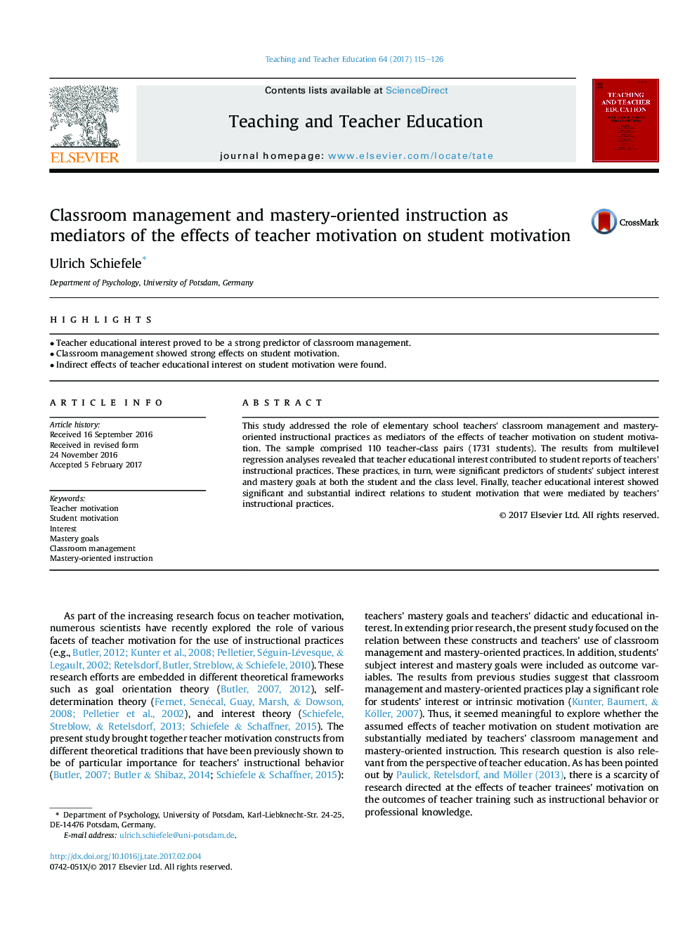 Classroom management and mastery-oriented instruction as mediators of the effects of teacher motivation on student motivation