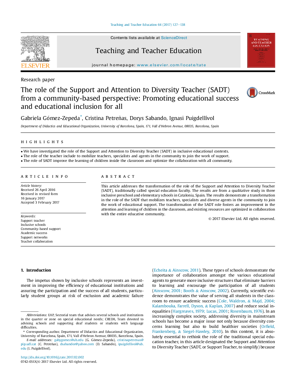 The role of the Support and Attention to Diversity Teacher (SADT) from a community-based perspective: Promoting educational success and educational inclusion for all