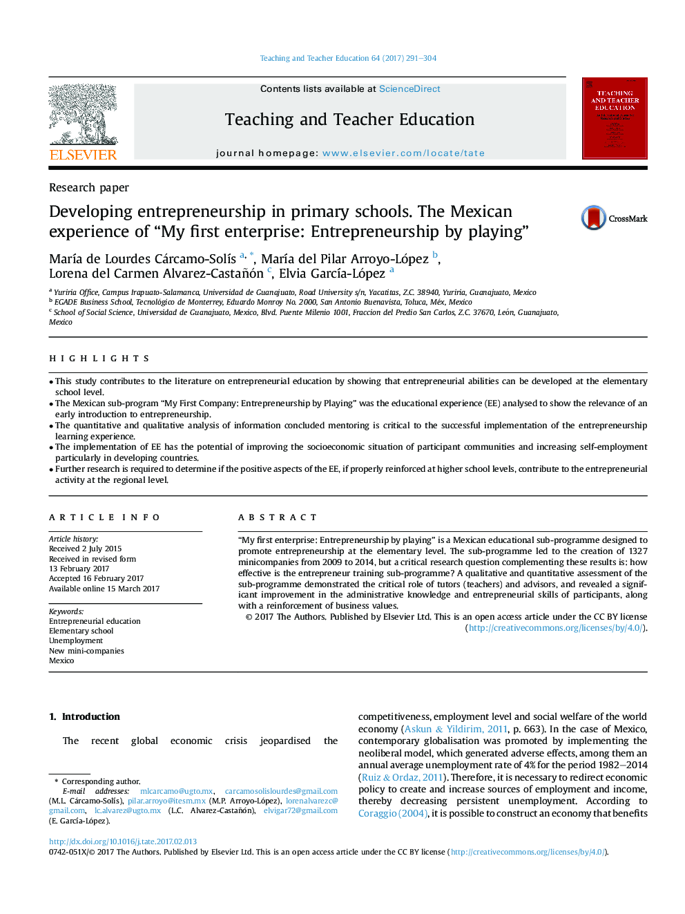 Developing entrepreneurship in primary schools. The Mexican experience of “My first enterprise: Entrepreneurship by playing”