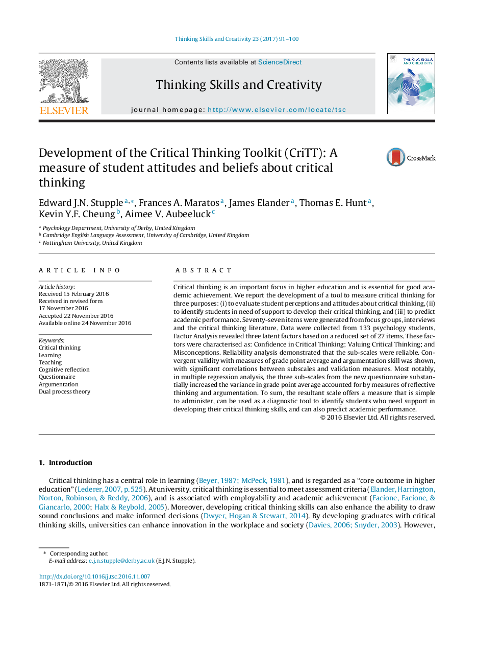 Development of the Critical Thinking Toolkit (CriTT): A measure of student attitudes and beliefs about critical thinking