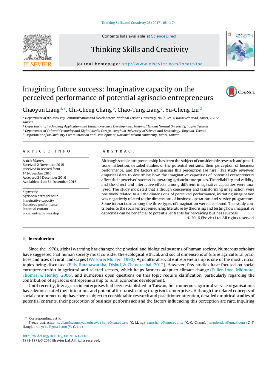 Imagining future success: Imaginative capacity on the perceived performance of potential agrisocio entrepreneurs