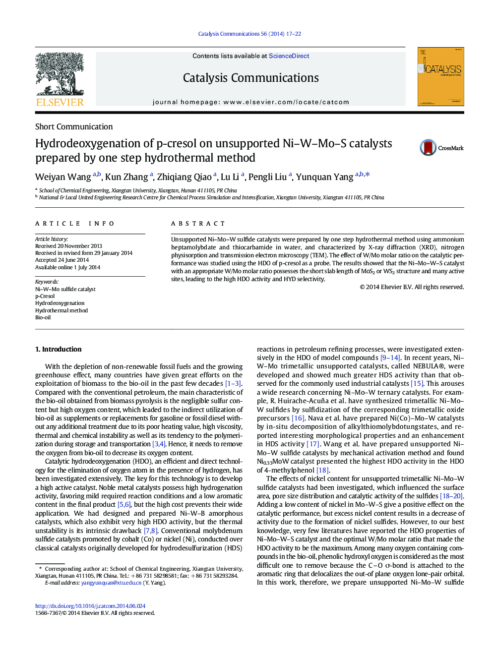 Hydrodeoxygenation of p-cresol on unsupported Ni–W–Mo–S catalysts prepared by one step hydrothermal method