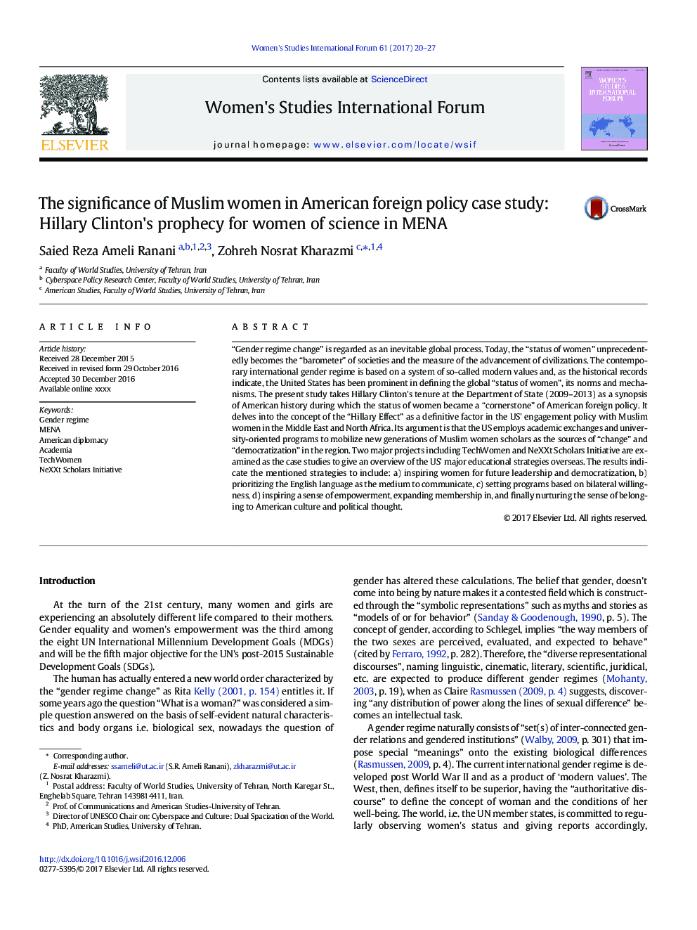 The significance of Muslim women in American foreign policy case study: Hillary Clinton's prophecy for women of science in MENA