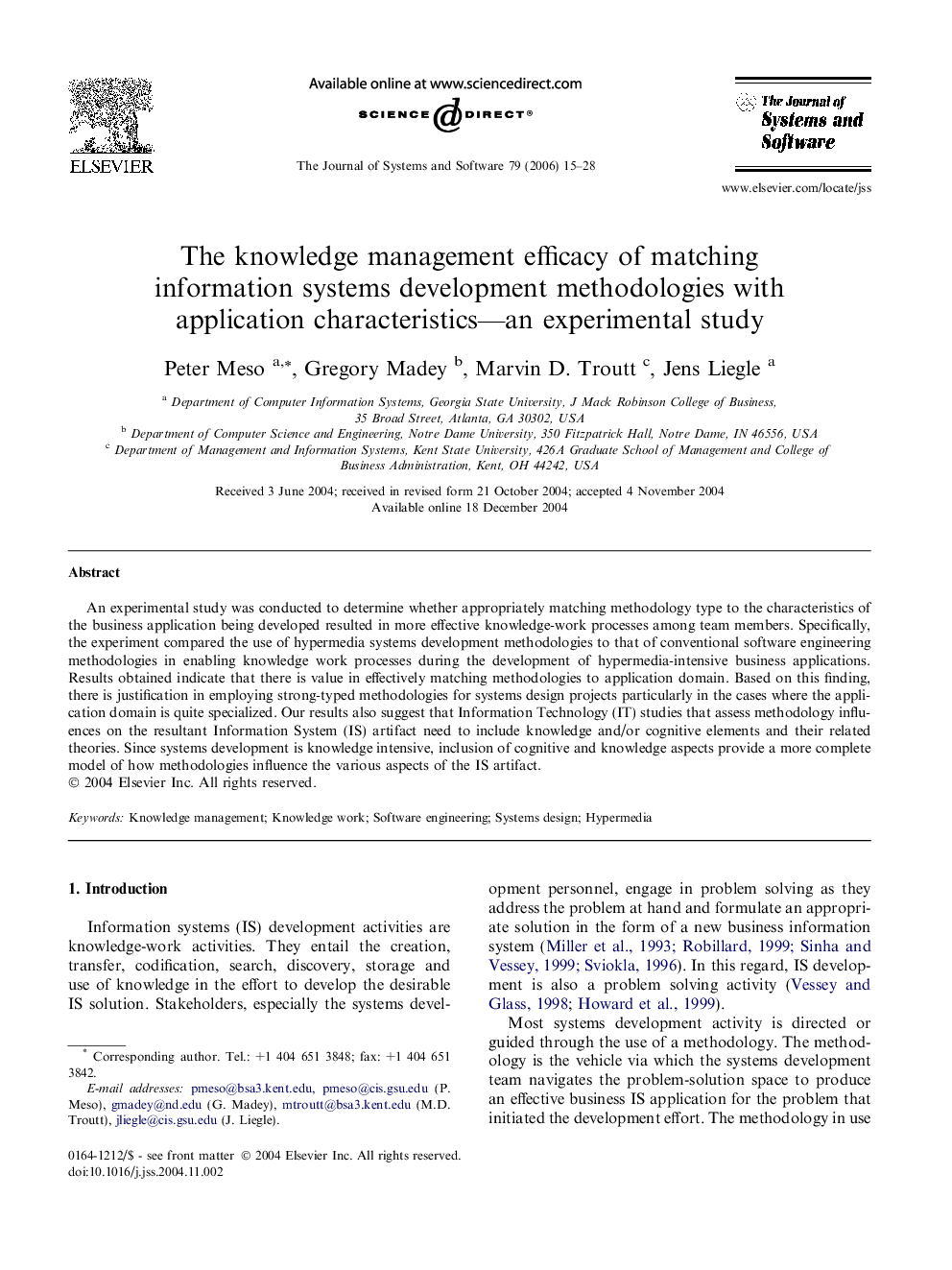 The knowledge management efficacy of matching information systems development methodologies with application characteristics—an experimental study