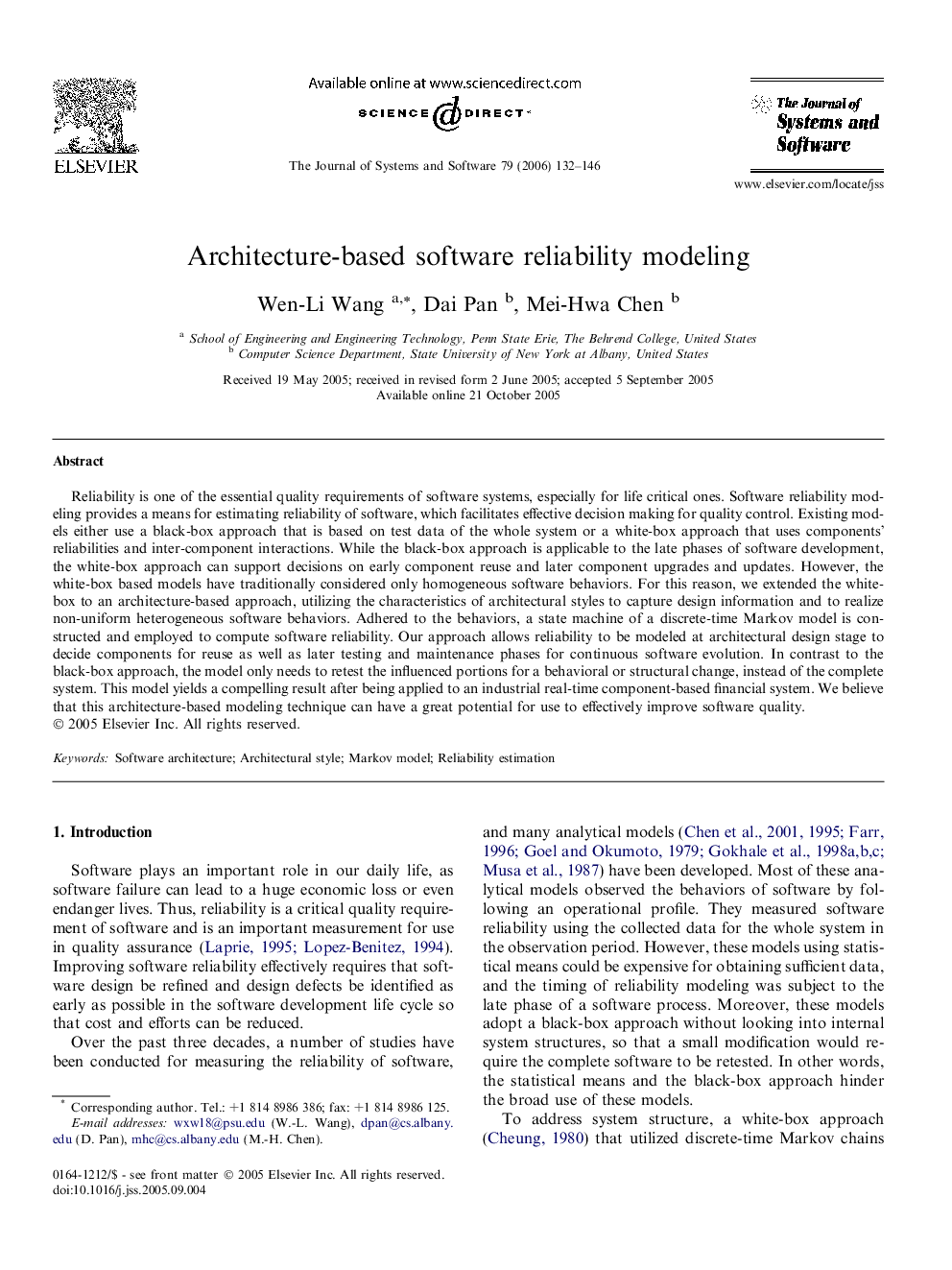 Architecture-based software reliability modeling