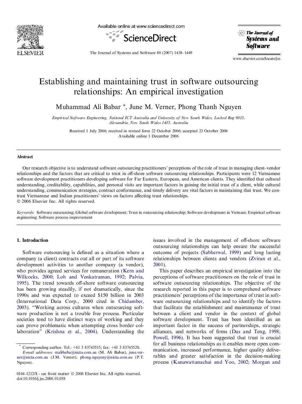 Establishing and maintaining trust in software outsourcing relationships: An empirical investigation