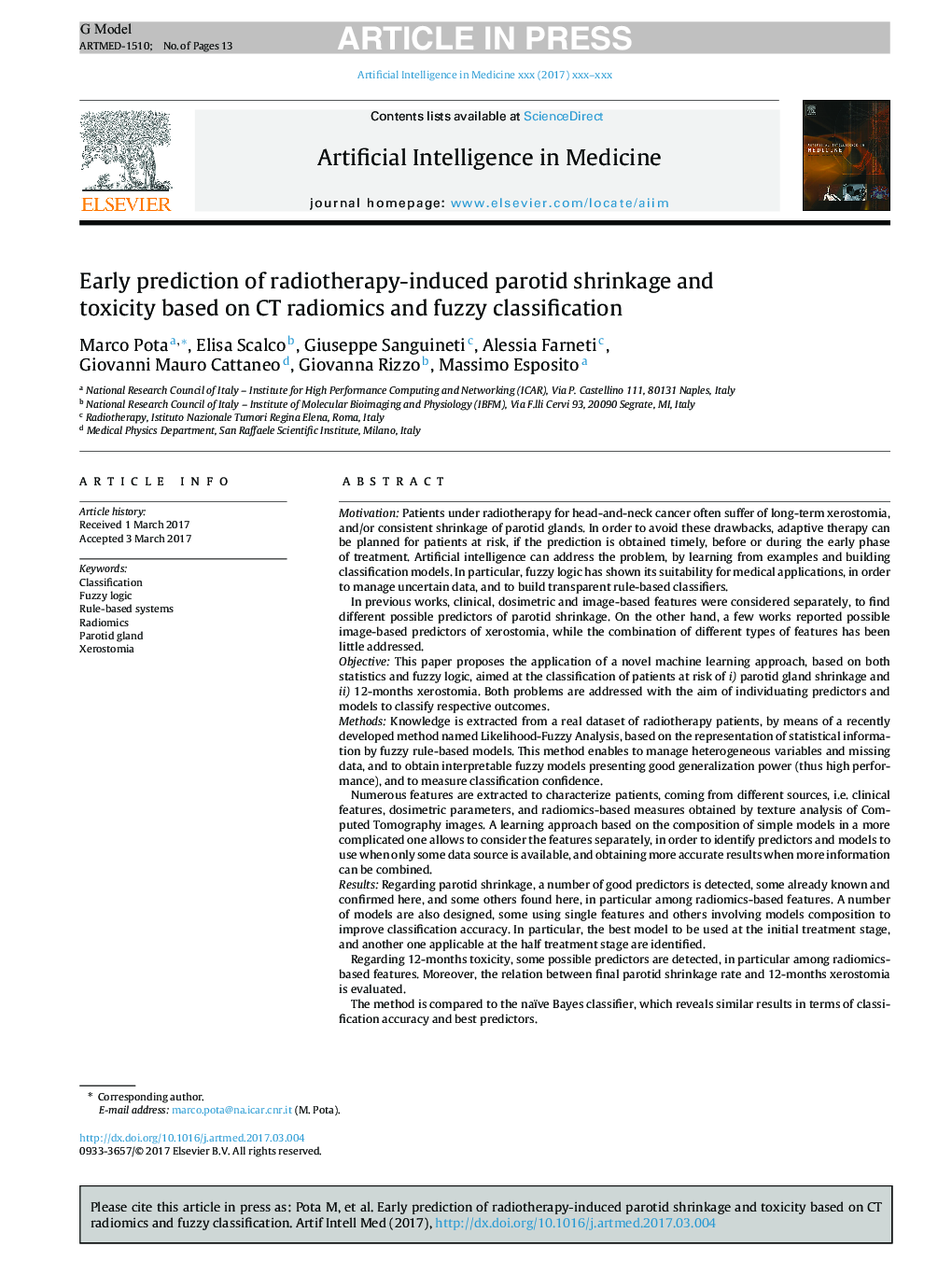 Early prediction of radiotherapy-induced parotid shrinkage and toxicity based on CT radiomics and fuzzy classification