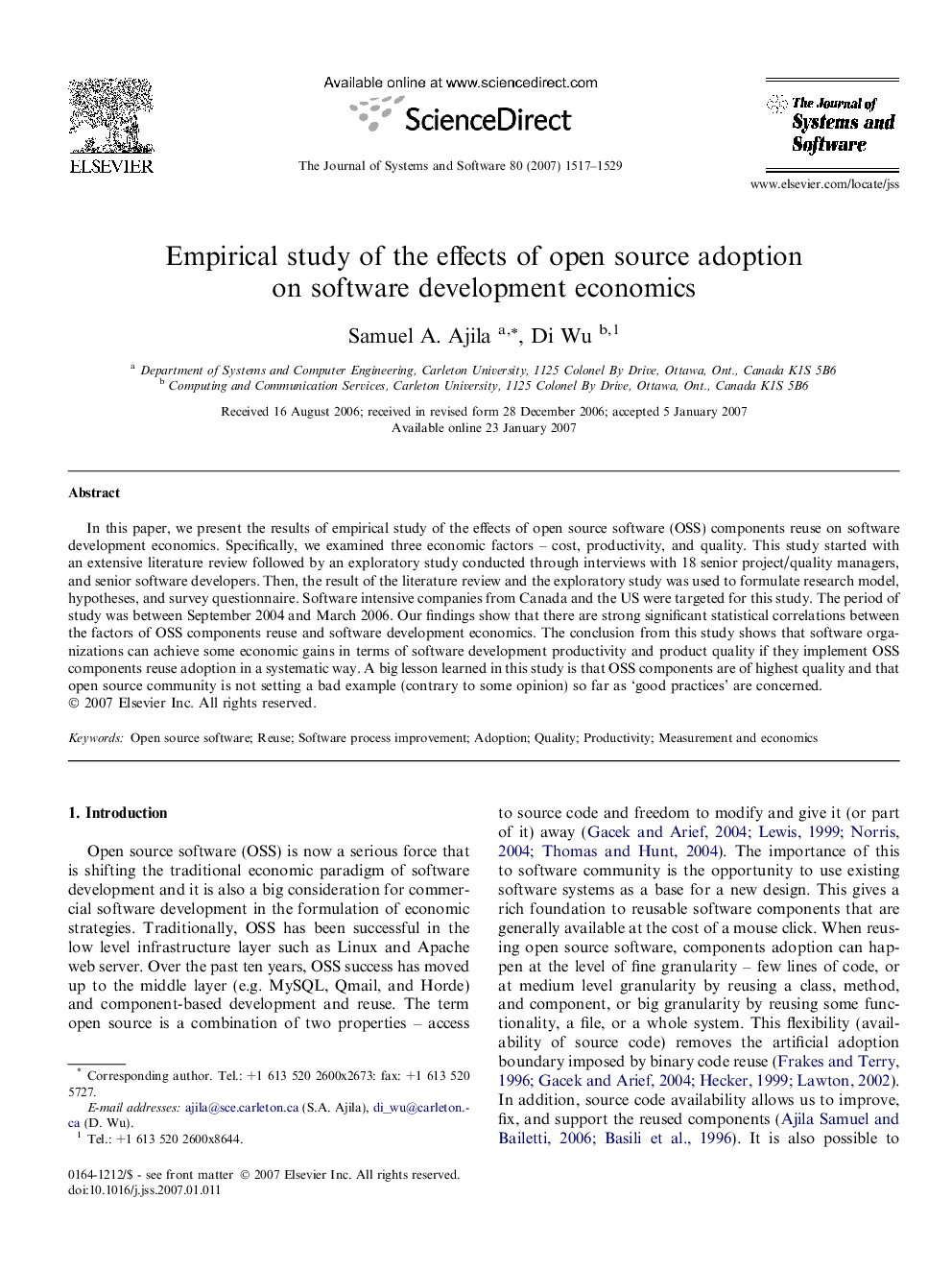 Empirical study of the effects of open source adoption on software development economics