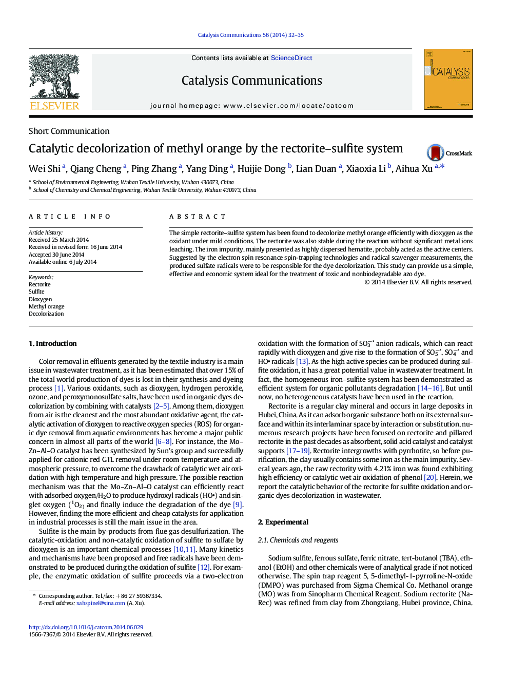 Catalytic decolorization of methyl orange by the rectorite–sulfite system