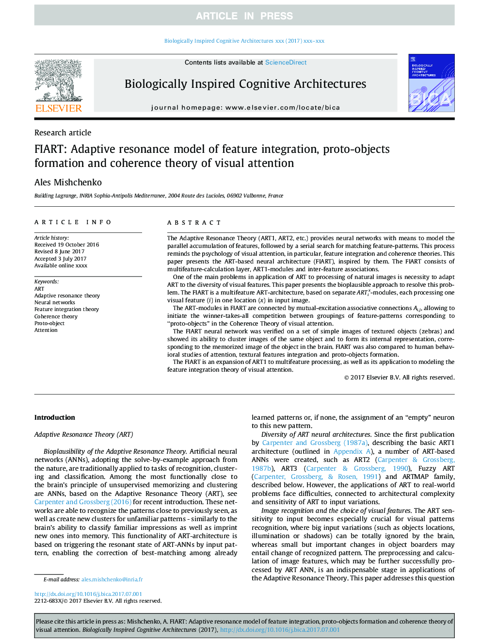 FIART: Adaptive resonance model of feature integration, proto-objects formation and coherence theory of visual attention