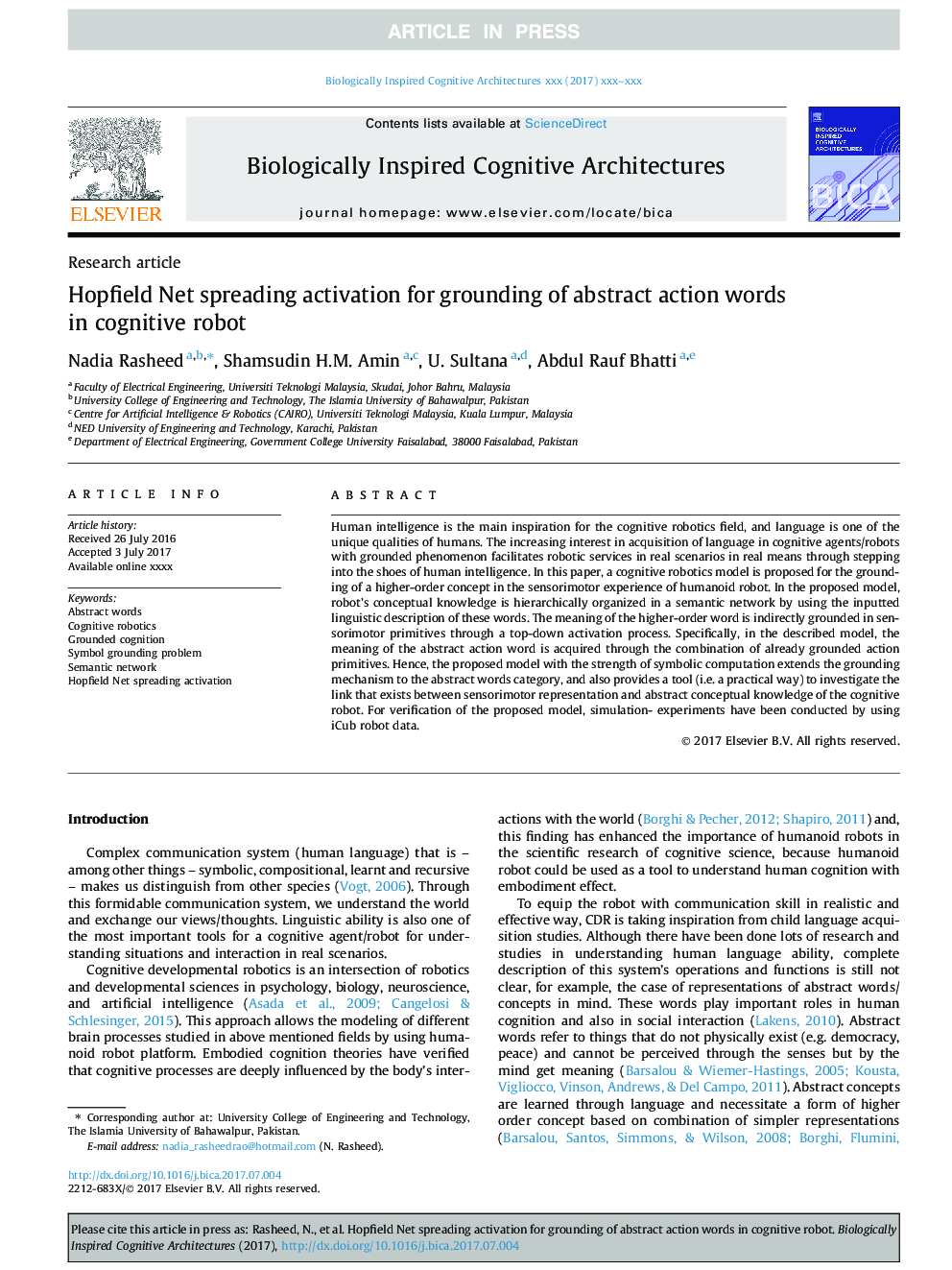 Hopfield Net spreading activation for grounding of abstract action words in cognitive robot