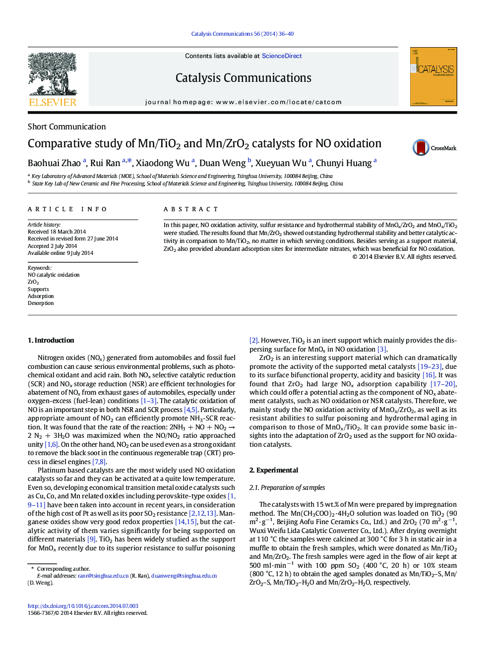 Comparative study of Mn/TiO2 and Mn/ZrO2 catalysts for NO oxidation