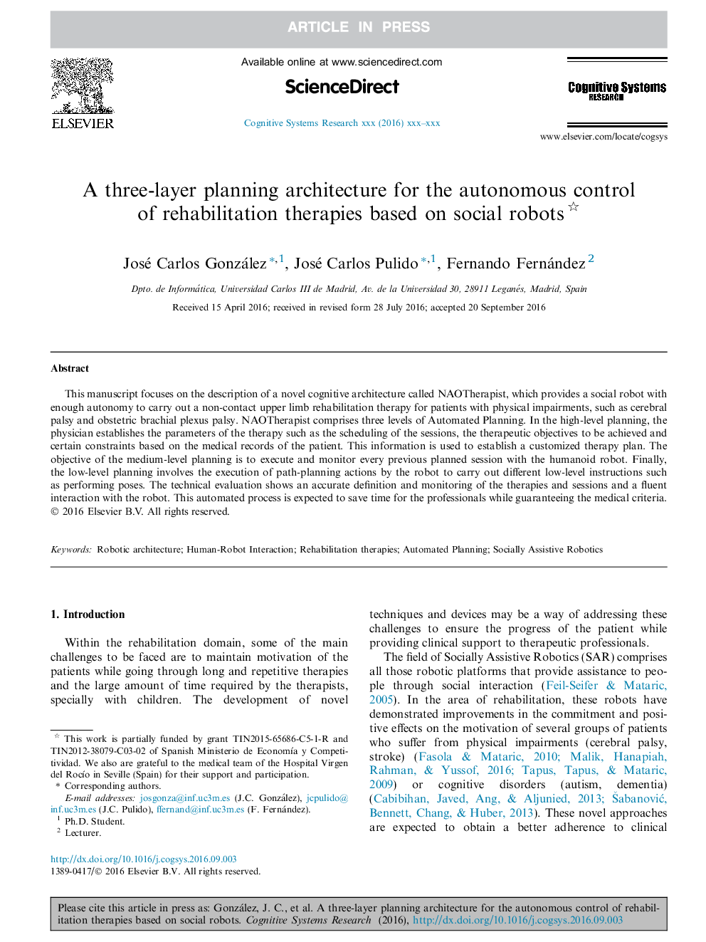 A three-layer planning architecture for the autonomous control of rehabilitation therapies based on social robots