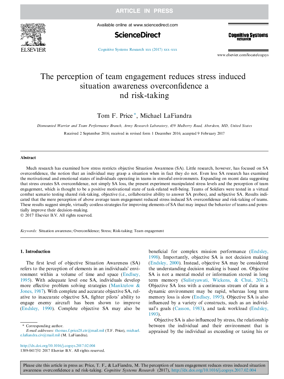 The perception of team engagement reduces stress induced situation awareness overconfidence and risk-taking