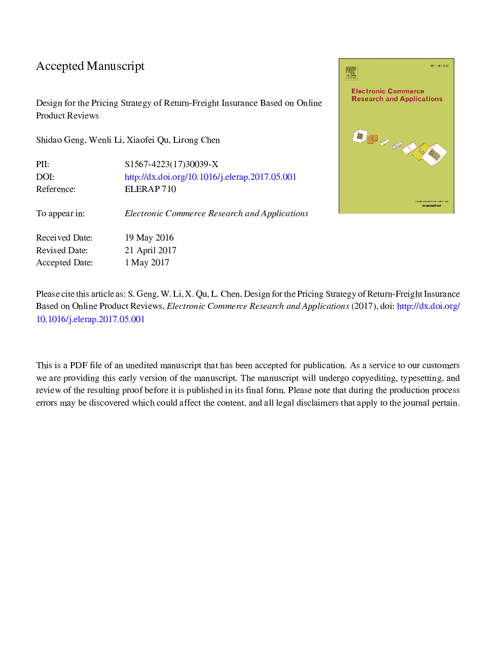 Design for the pricing strategy of return-freight insurance based on online product reviews