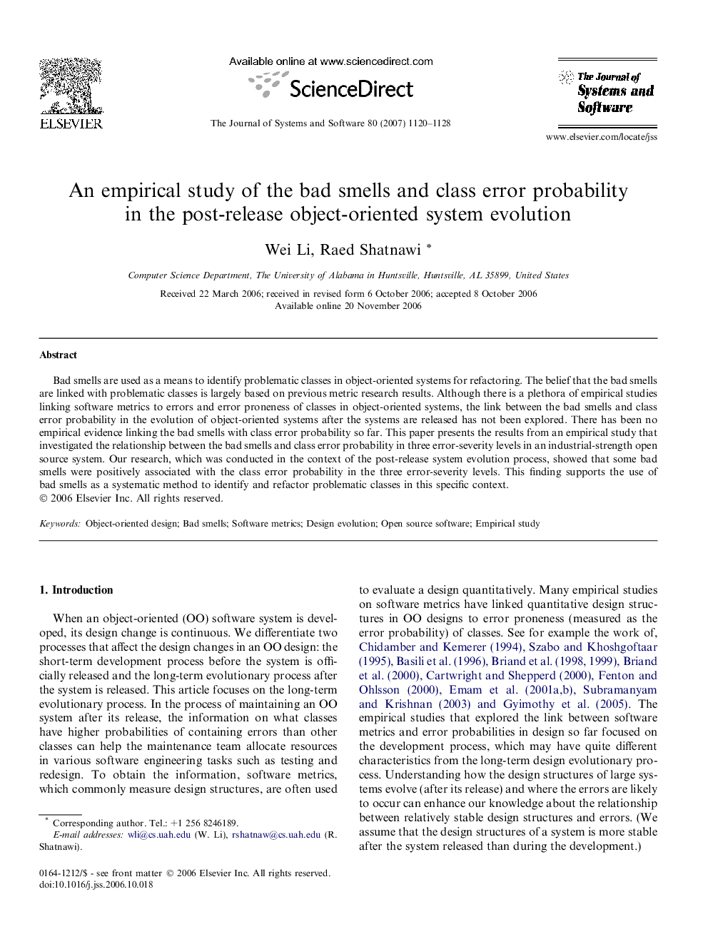 An empirical study of the bad smells and class error probability in the post-release object-oriented system evolution