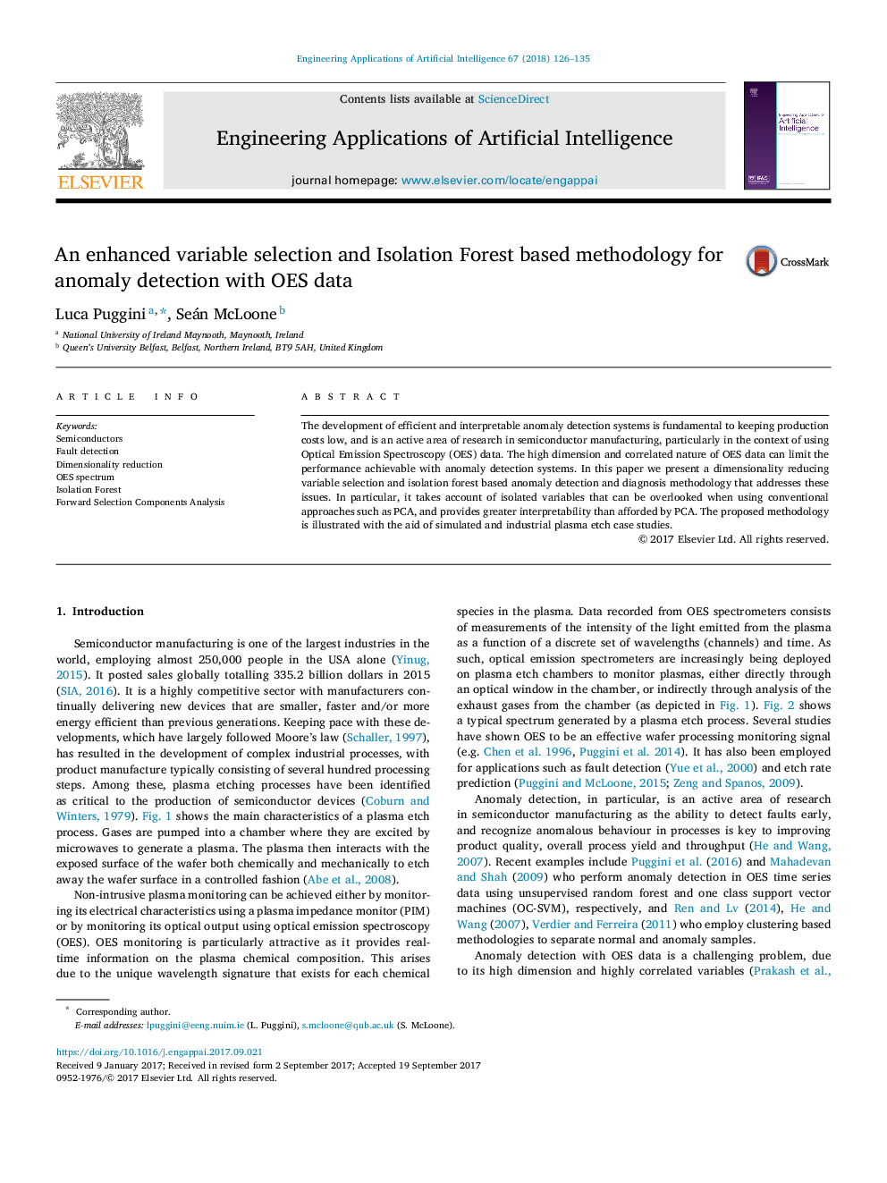 An enhanced variable selection and Isolation Forest based methodology for anomaly detection with OES data