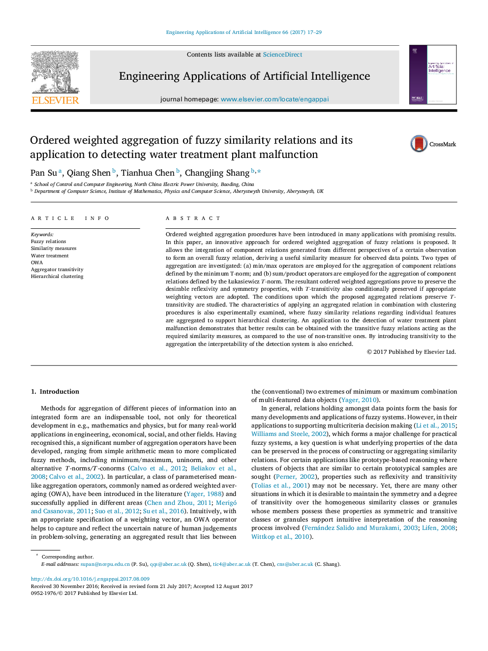 Ordered weighted aggregation of fuzzy similarity relations and its application to detecting water treatment plant malfunction