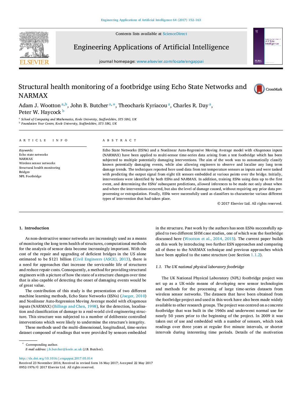 Structural health monitoring of a footbridge using Echo State Networks and NARMAX