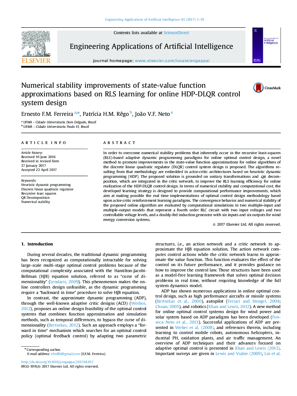 عکس صفحه اول مقاله: Numerical stability improvements of state-value function approximations based on RLS learning for online HDP-DLQR control system design Numerical stability improvements of state-value function approximations based on RLS learning for online HDP-DLQR control system design