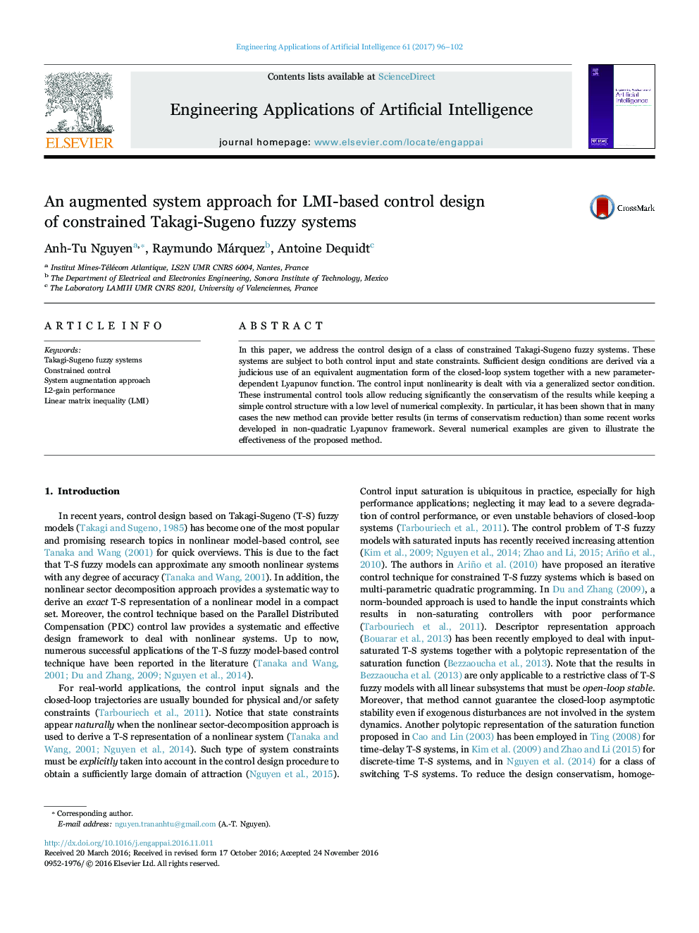 An augmented system approach for LMI-based control design of constrained Takagi-Sugeno fuzzy systems