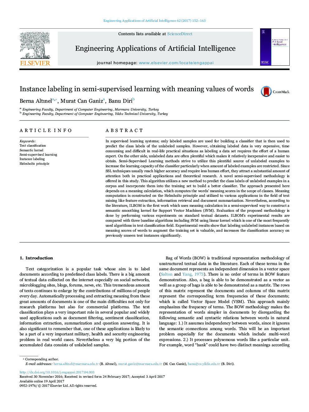 Instance labeling in semi-supervised learning with meaning values of words