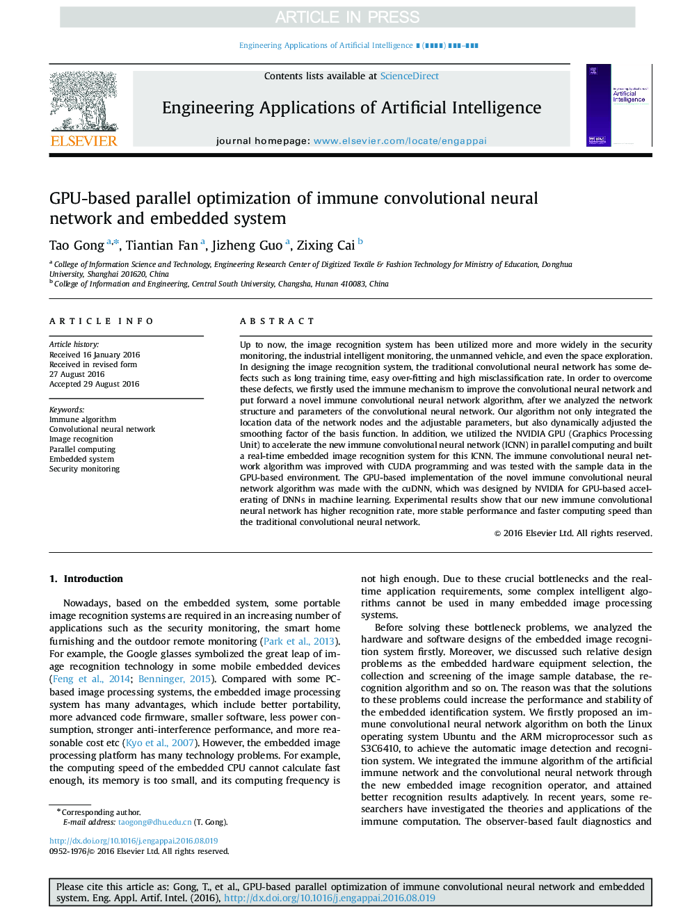 GPU-based parallel optimization of immune convolutional neural network and embedded system