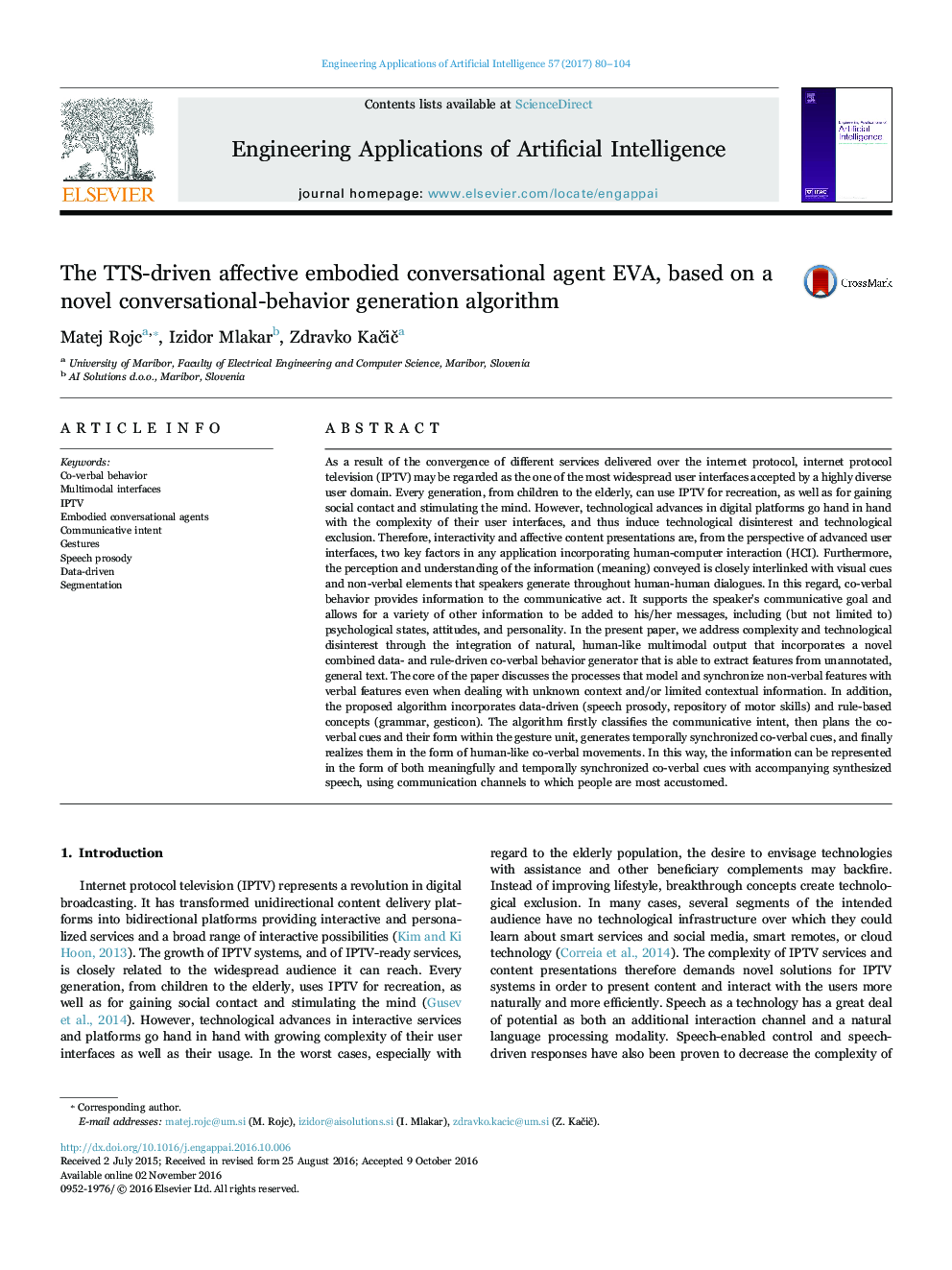 The TTS-driven affective embodied conversational agent EVA, based on a novel conversational-behavior generation algorithm