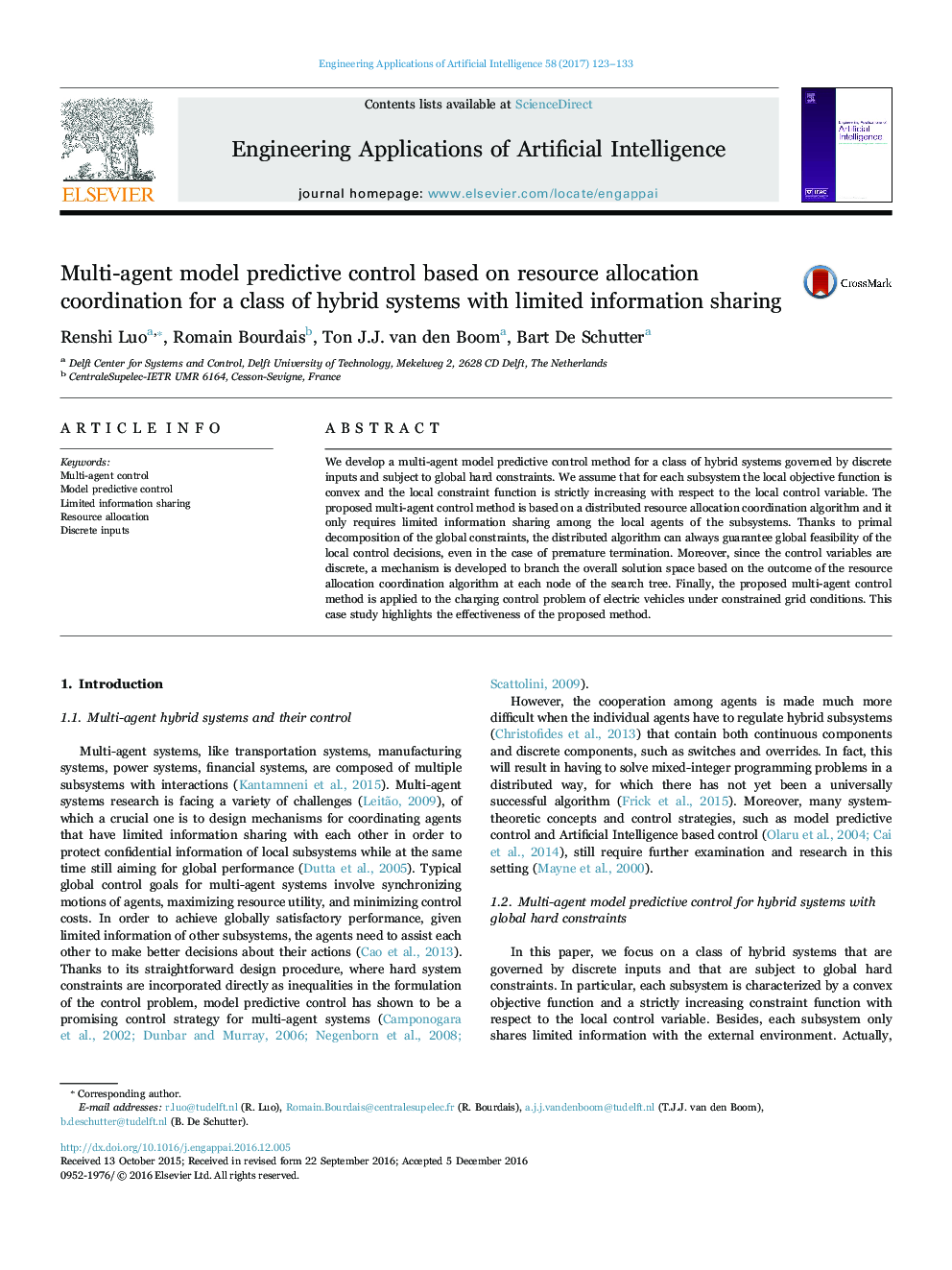 Multi-agent model predictive control based on resource allocation coordination for a class of hybrid systems with limited information sharing