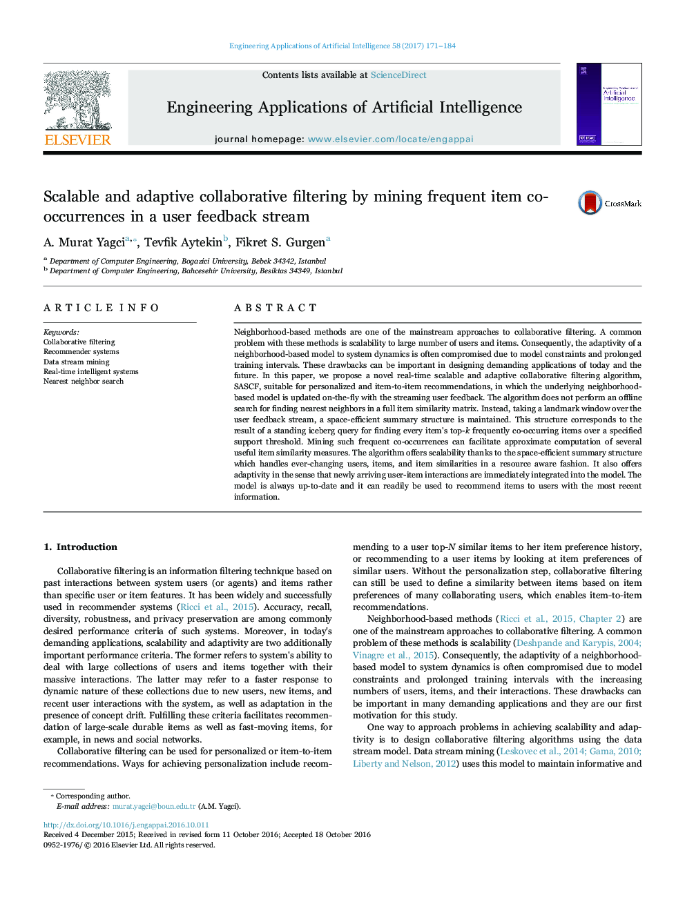 Scalable and adaptive collaborative filtering by mining frequent item co-occurrences in a user feedback stream