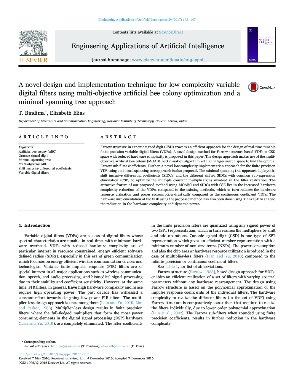 A novel design and implementation technique for low complexity variable digital filters using multi-objective artificial bee colony optimization and a minimal spanning tree approach