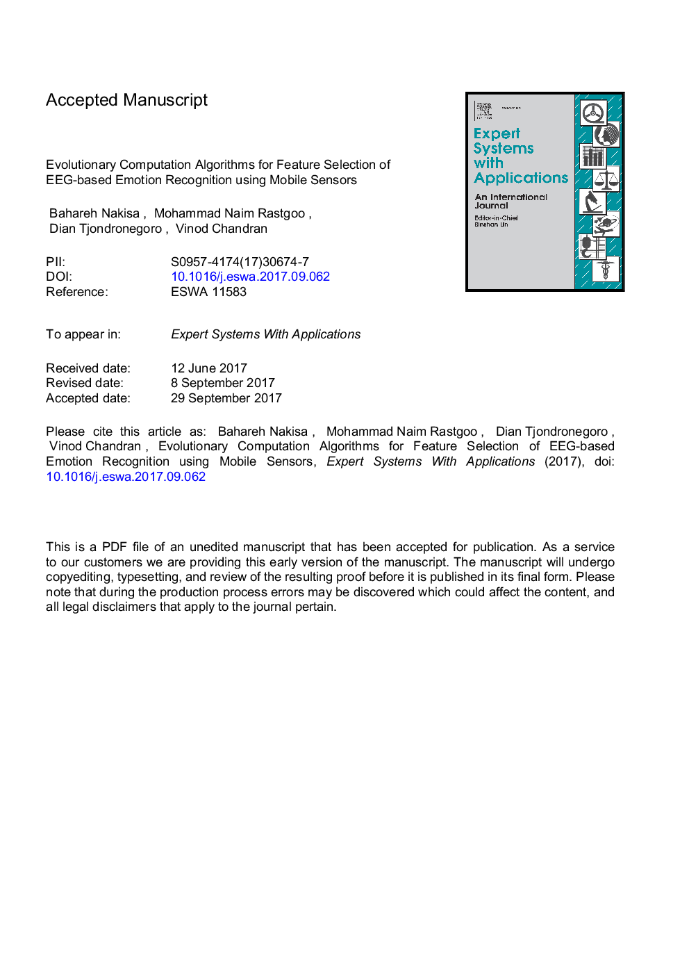 Evolutionary computation algorithms for feature selection of EEG-based emotion recognition using mobile sensors