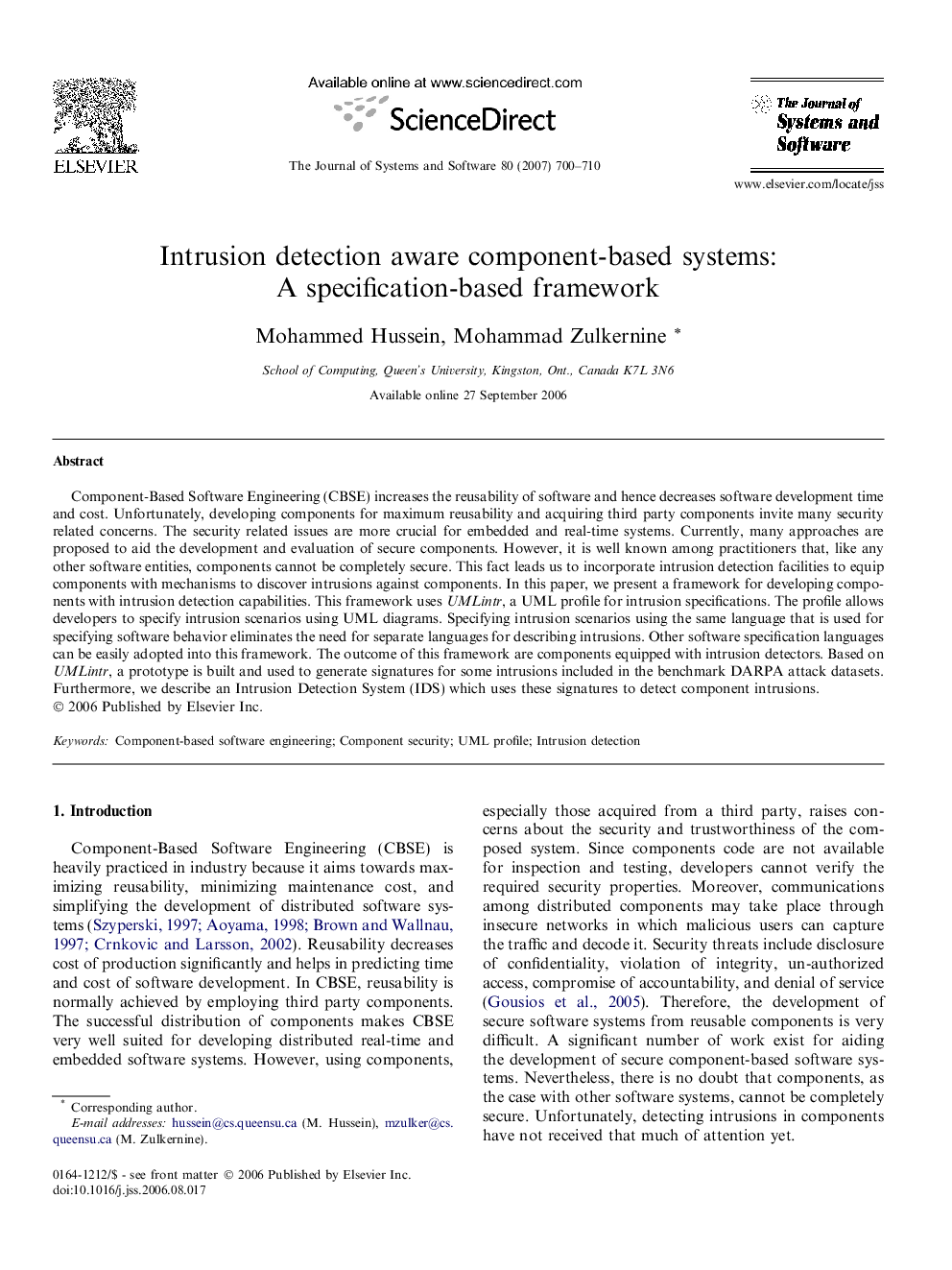 Intrusion detection aware component-based systems: A specification-based framework