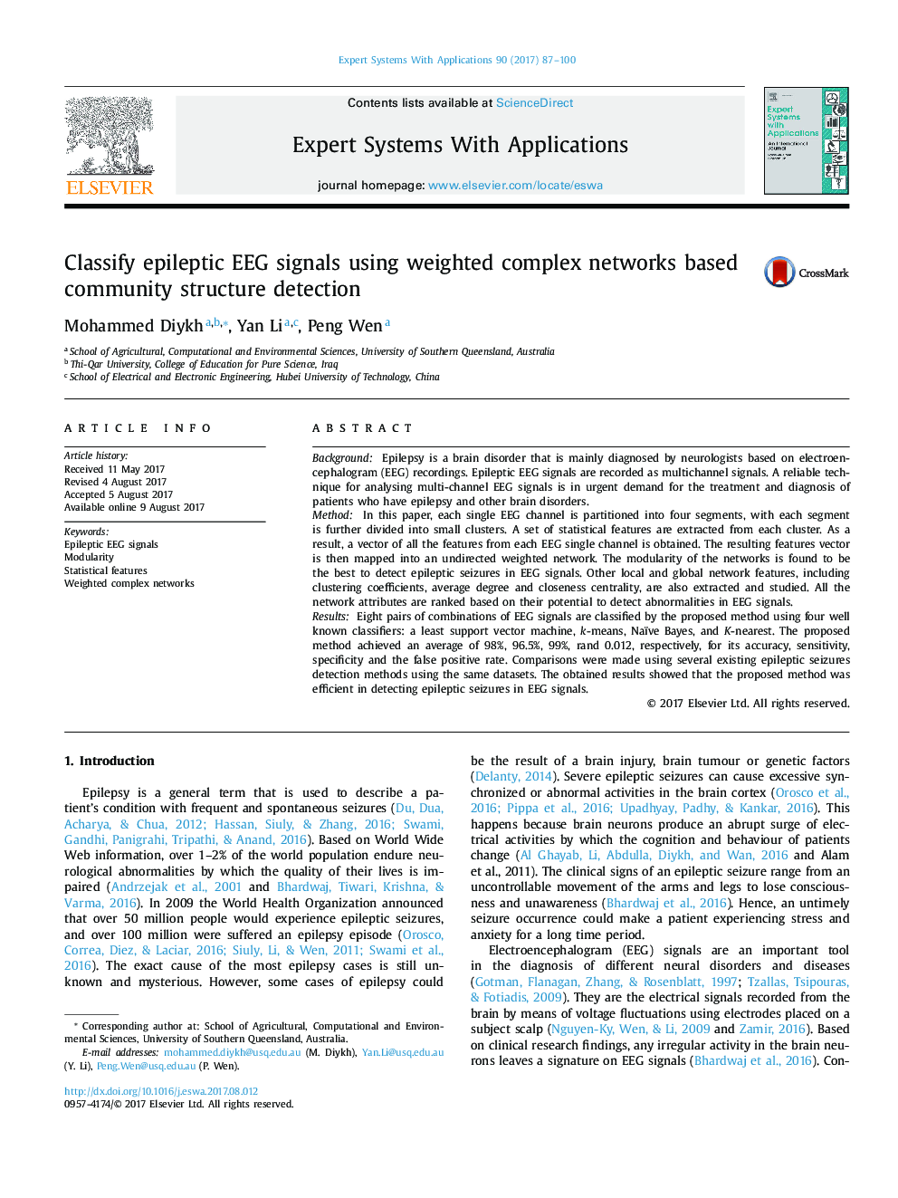 Classify epileptic EEG signals using weighted complex networks based community structure detection