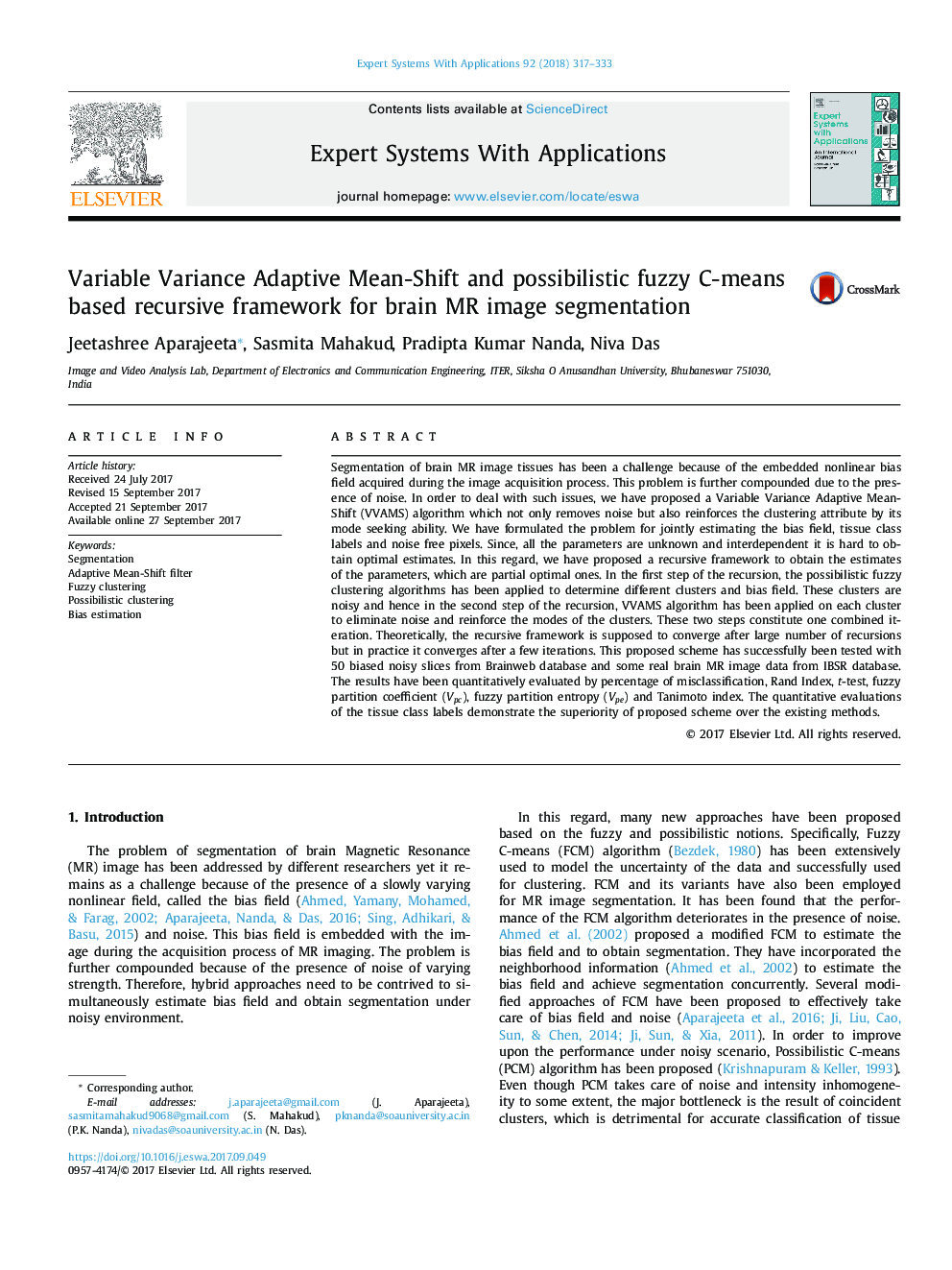 Variable Variance Adaptive Mean-Shift and possibilistic fuzzy C-means based recursive framework for brain MR image segmentation