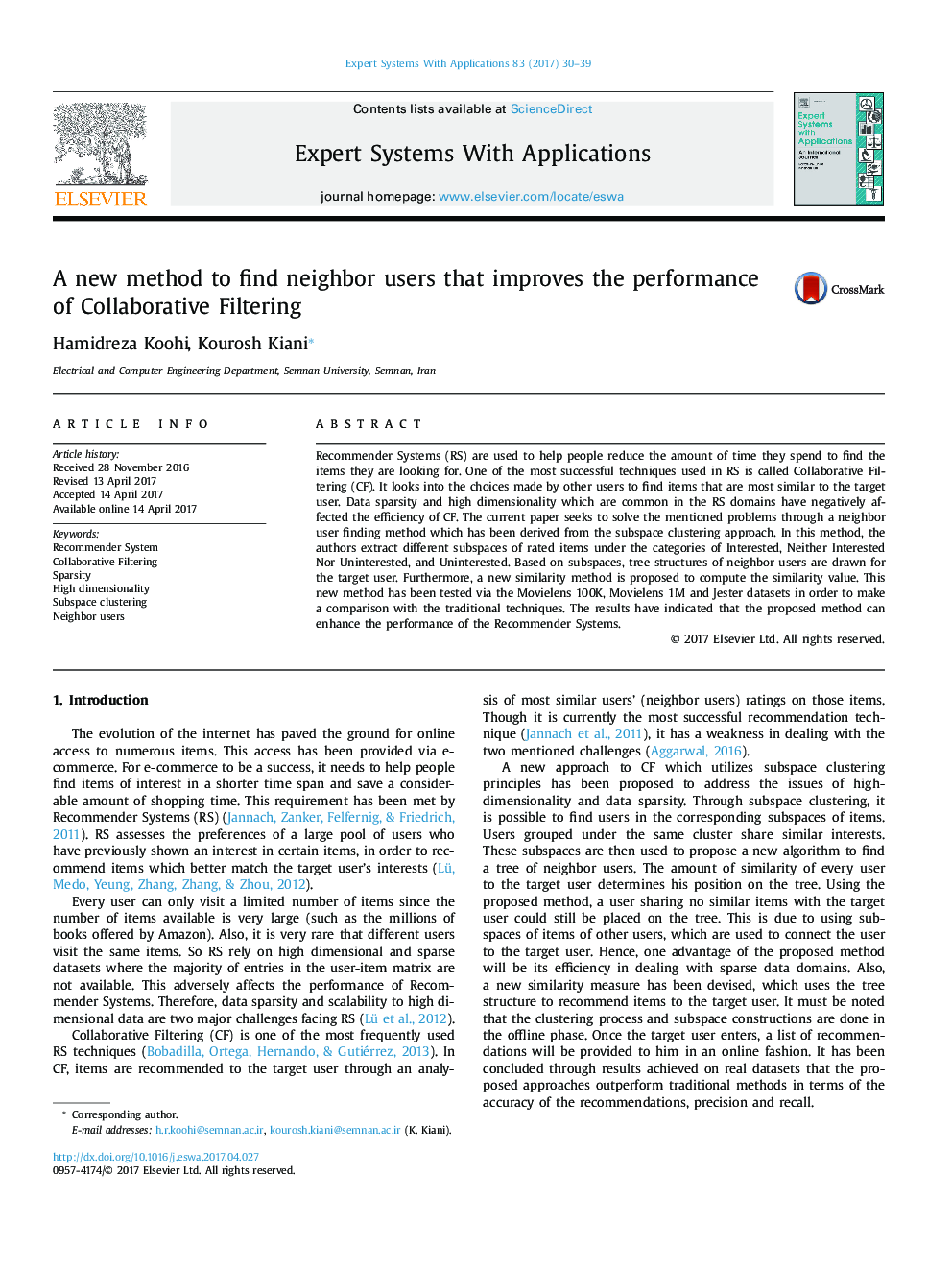 A new method to find neighbor users that improves the performance of Collaborative Filtering