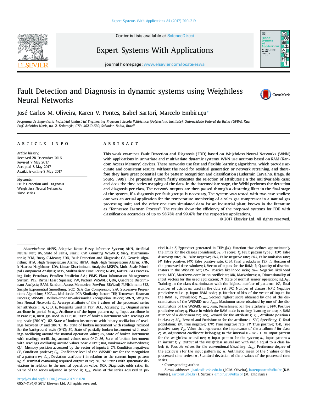 Fault Detection and Diagnosis in dynamic systems using Weightless Neural Networks