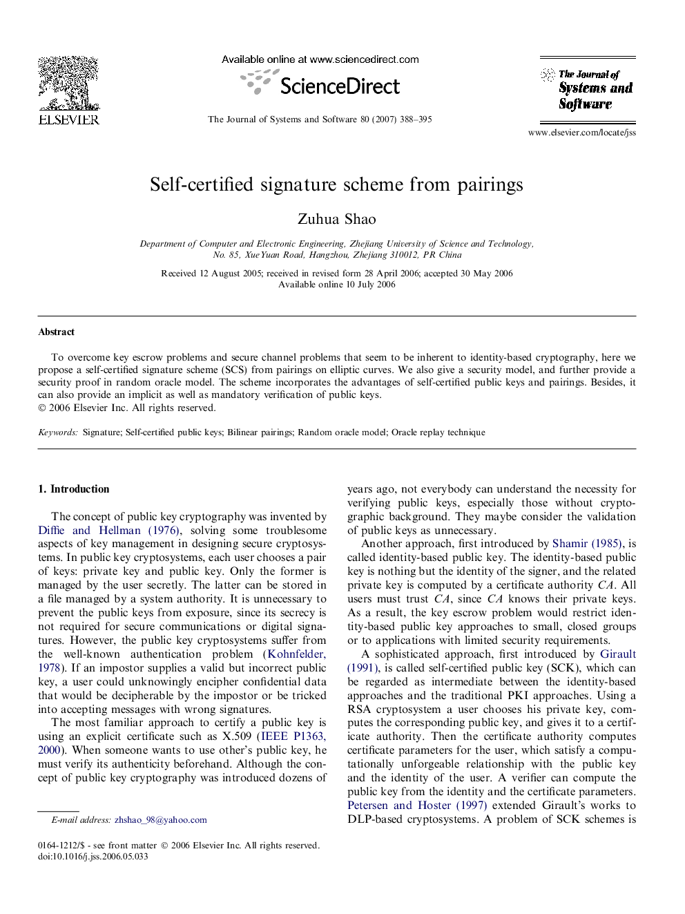 Self-certified signature scheme from pairings