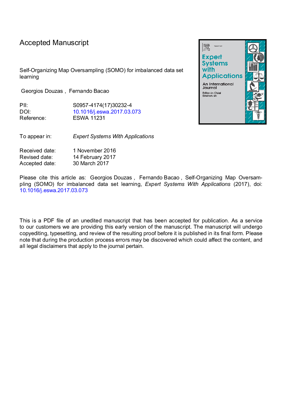 عکس صفحه اول مقاله: Self-Organizing Map Oversampling (SOMO) for imbalanced data set learning Self-Organizing Map Oversampling (SOMO) for imbalanced data set learning