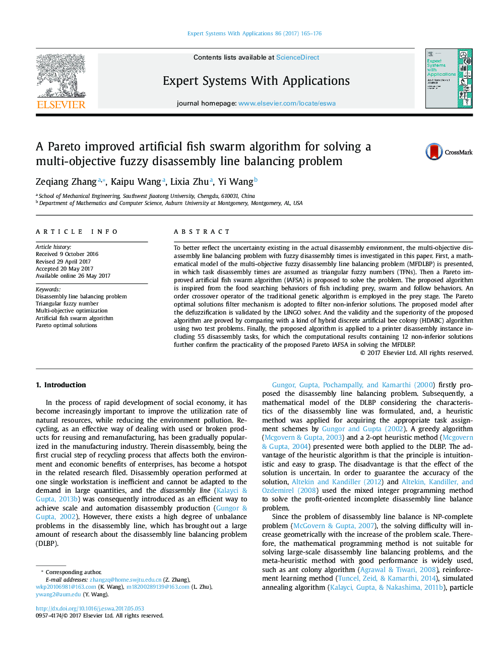 A Pareto improved artificial fish swarm algorithm for solving a multi-objective fuzzy disassembly line balancing problem