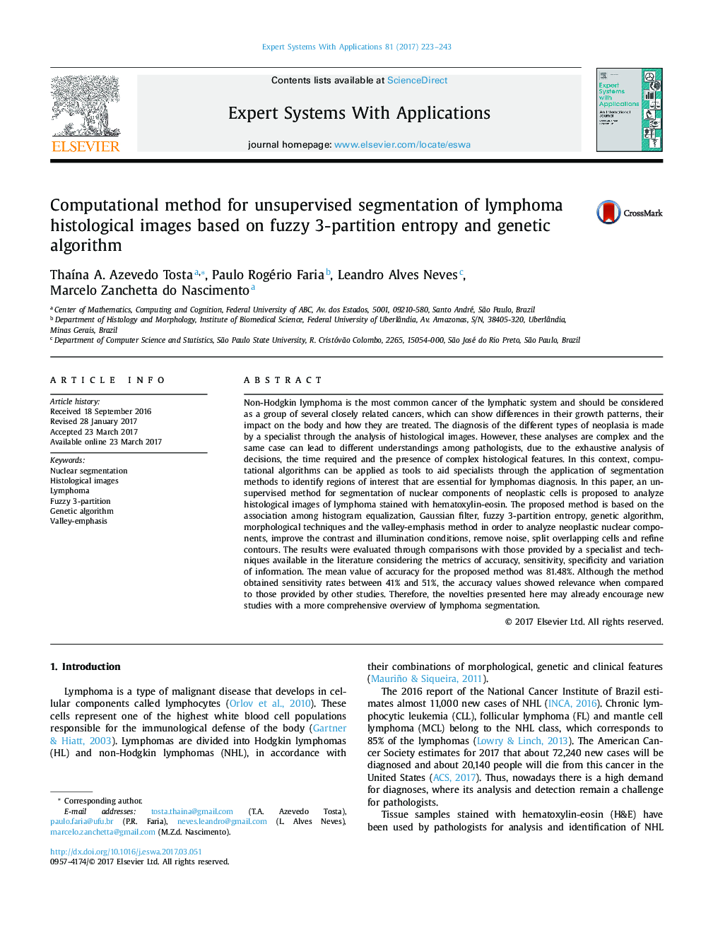Computational method for unsupervised segmentation of lymphoma histological images based on fuzzy 3-partition entropy and genetic algorithm