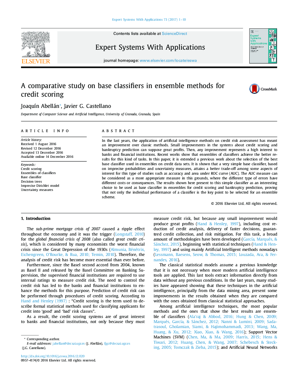 A comparative study on base classifiers in ensemble methods for credit scoring