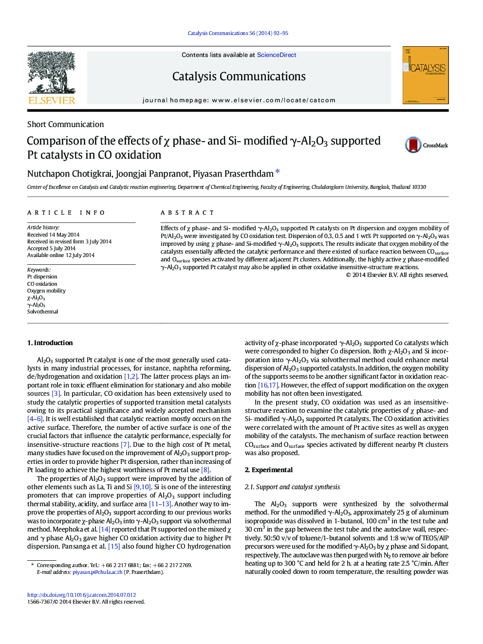 Comparison of the effects of χ phase- and Si- modified γ-Al2O3 supported Pt catalysts in CO oxidation