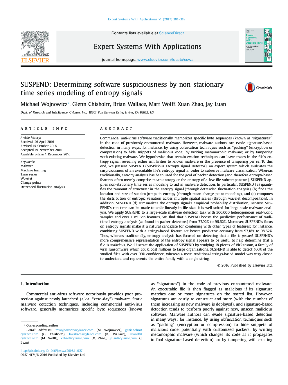 SUSPEND: Determining software suspiciousness by non-stationary time series modeling of entropy signals