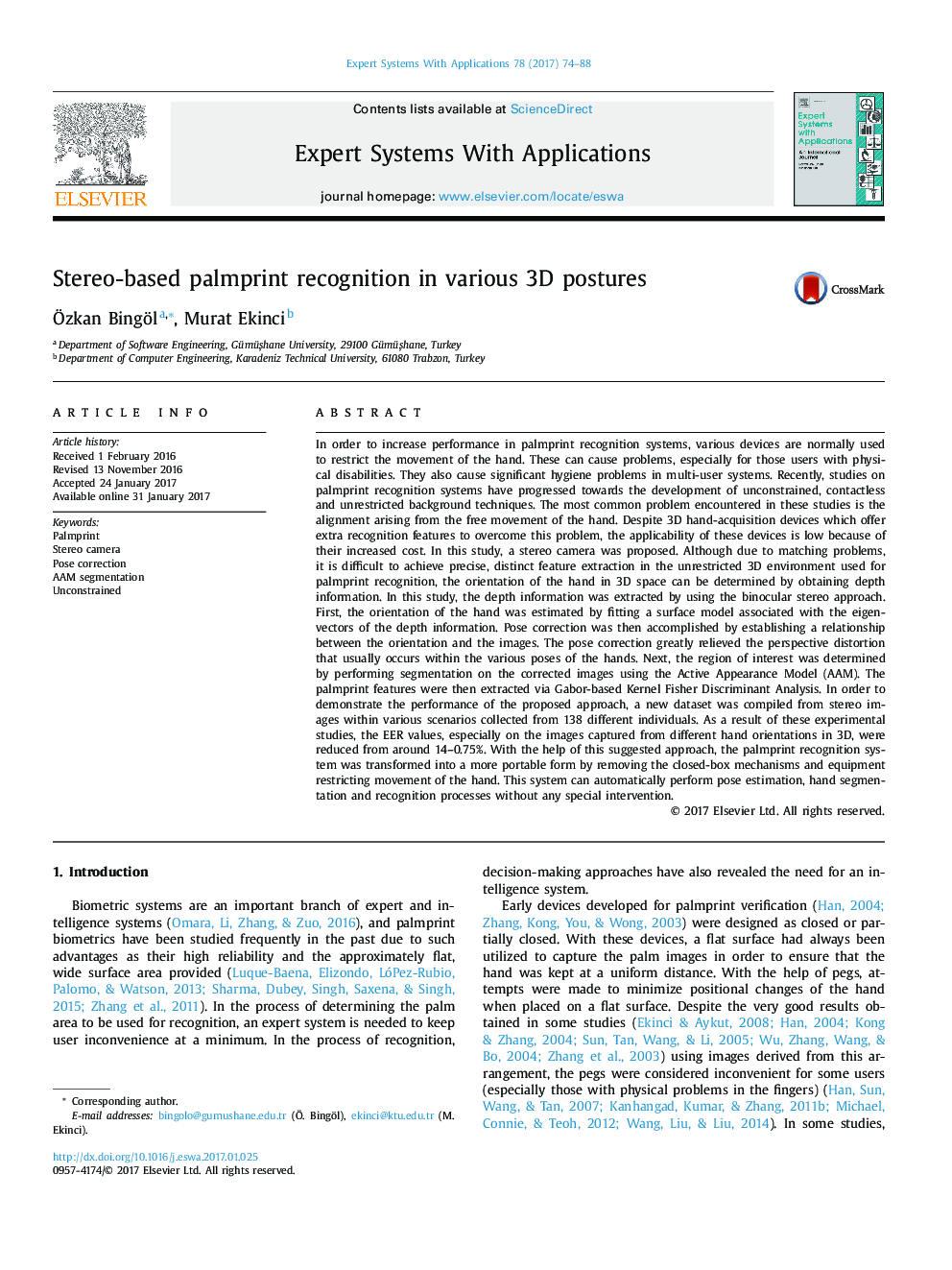 Stereo-based palmprint recognition in various 3D postures