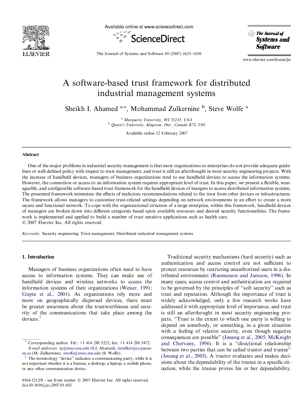 A software-based trust framework for distributed industrial management systems