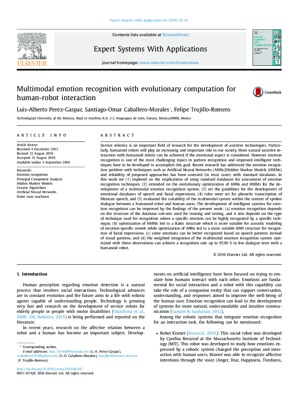 Multimodal emotion recognition with evolutionary computation for human-robot interaction