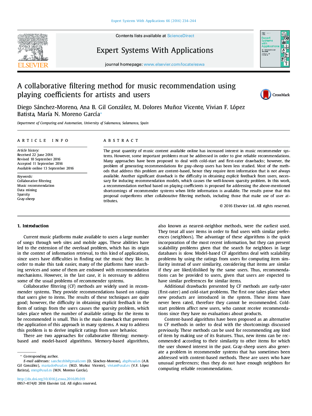 A collaborative filtering method for music recommendation using playing coefficients for artists and users