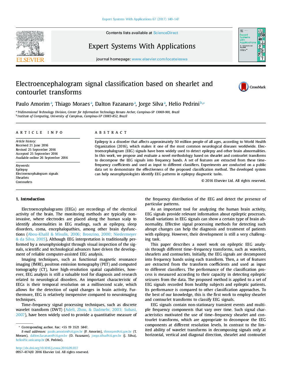 Electroencephalogram signal classification based on shearlet and contourlet transforms